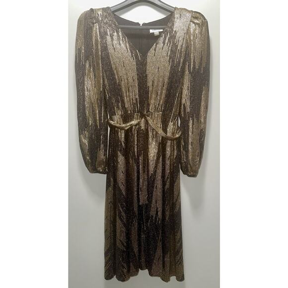 Calvin Klein Women’s Metallic Gold Black Long Sleeve Belted Dress Size 4 Sparkle - Picture 1 of 8